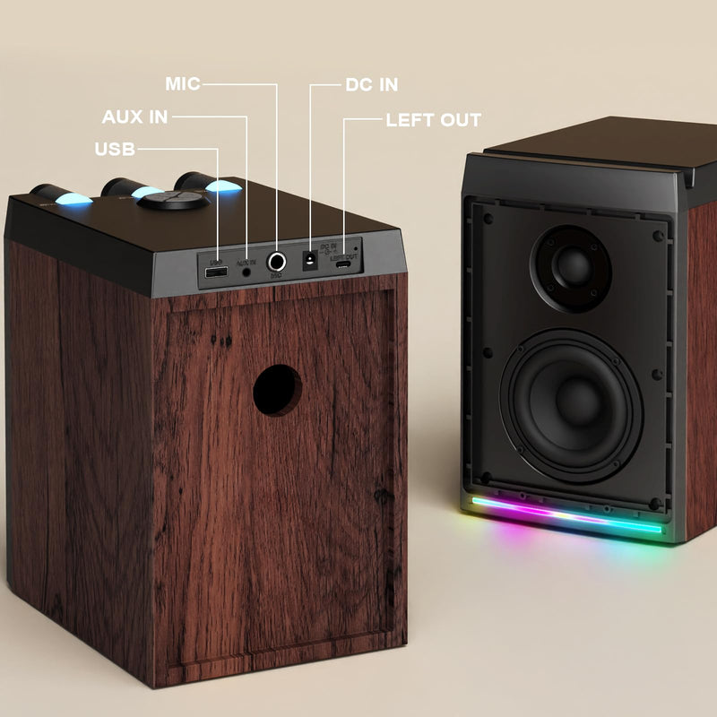 100W Powered Bluetooth Bookshelf Speakers,2.0 Wireless HiFi Speaker with Subwoofer and Led Light,Dynamic 3D Surround Sound,for Home Music,Vinyl Records, Home Theatre, Gaming,TV -Wood Grain