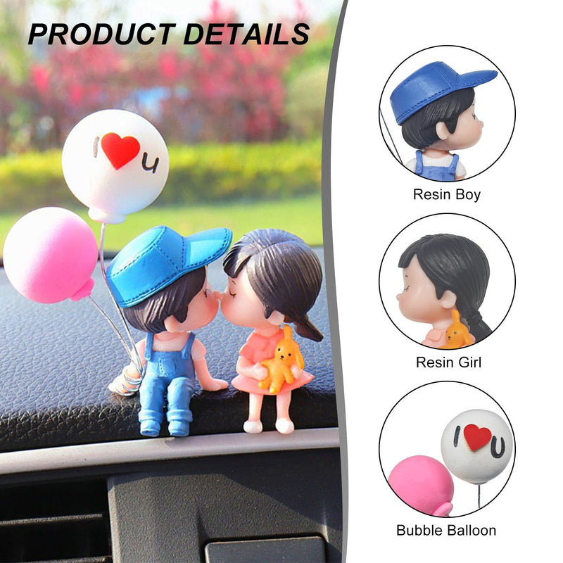 Cute Couple Car Dashboard Decorations, Lovely Couple Kiss Cartoon Figurines Car Ornament, Resin Material Boy Girl Car Interior Decoration with Balloon for Car Dashboard Gifts (Blue) Blue