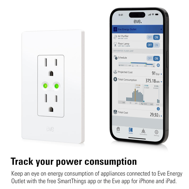 Eve Energy Outlet (Matter) – Smart Outlet & Power Meter, App & Voice Control, No Bridge, Thread, Works with Apple Home, Alexa, Google Home, SmartThings, 100% Privacy, Requires Thread Border Router Single