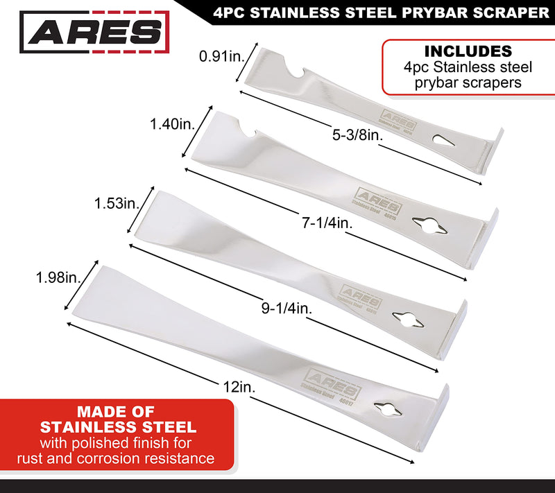 ARES 46020-4-Piece Stainless Steel Prybar Scraper Set - Ultra Sharp Scrapers Remove Residue from Steel, Aluminum, and More - Prybar Ends Offer Extra Leverage - Built-In Nail Puller and Bottle Opener