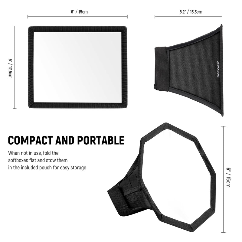 NEEWER Upgraded Flash Diffuser Speedlight Softbox Collapsible 2 Pack, (5.9"/15cm Octagon, 6"x5" Rectangular) for Z2 Z1 V1 Round Head Flashes and Compatible with Godox Sony Nikon Canon Flash, NS5P