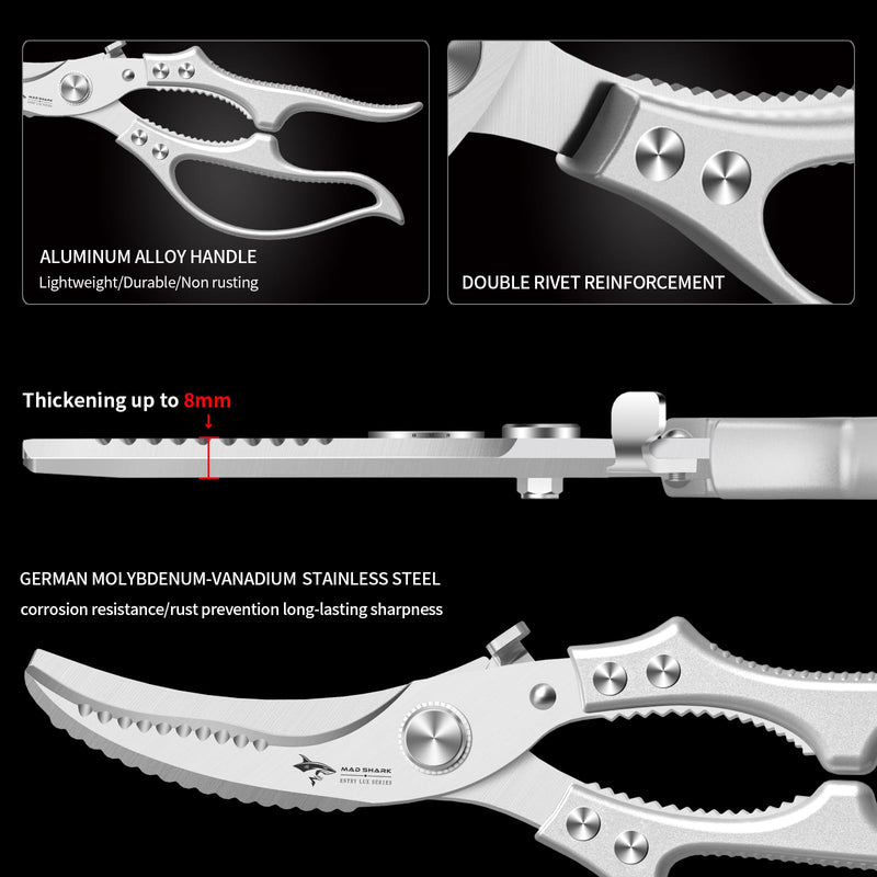 MAD SHARK Heavy Duty Poultry Shears, Kitchen Shears with Non-Slip Handle & Safety Lock, All Purpose Kitchen Scissors for Chicken, Meat Cutting, Turkey, Fish, Vegetables, Spring Loaded, Dishwasher Safe Silver