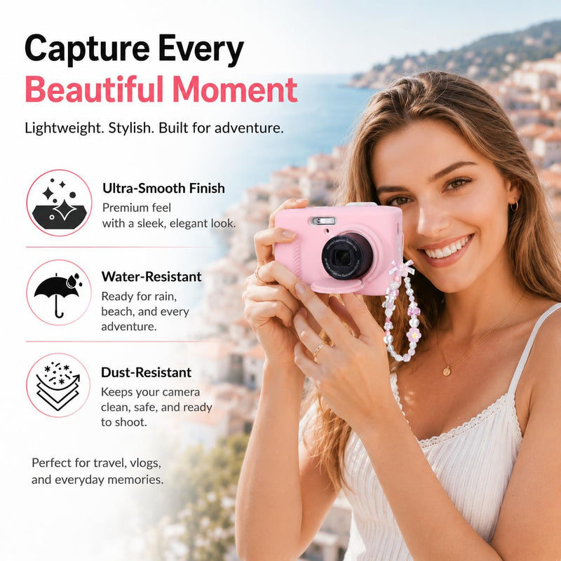 Case for Kodak PIXPRO FZ45 Digital Camera, Silicone Camera Case with Removable Lens Cover,Cute Beaded Charm Strap & 2 Pack Screen Protectors,Aesthetic Travel Camera Accessories (Smoked Pink) Smoked Pink