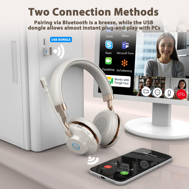 Wireless Headset with Mic for Work, Bluetooth Headset with Noise Cancelling Microphone, On Ear Wireless Headphones with USB Dongle & Mute Function for Work from Home Computer Office Teams Call Center White Gold