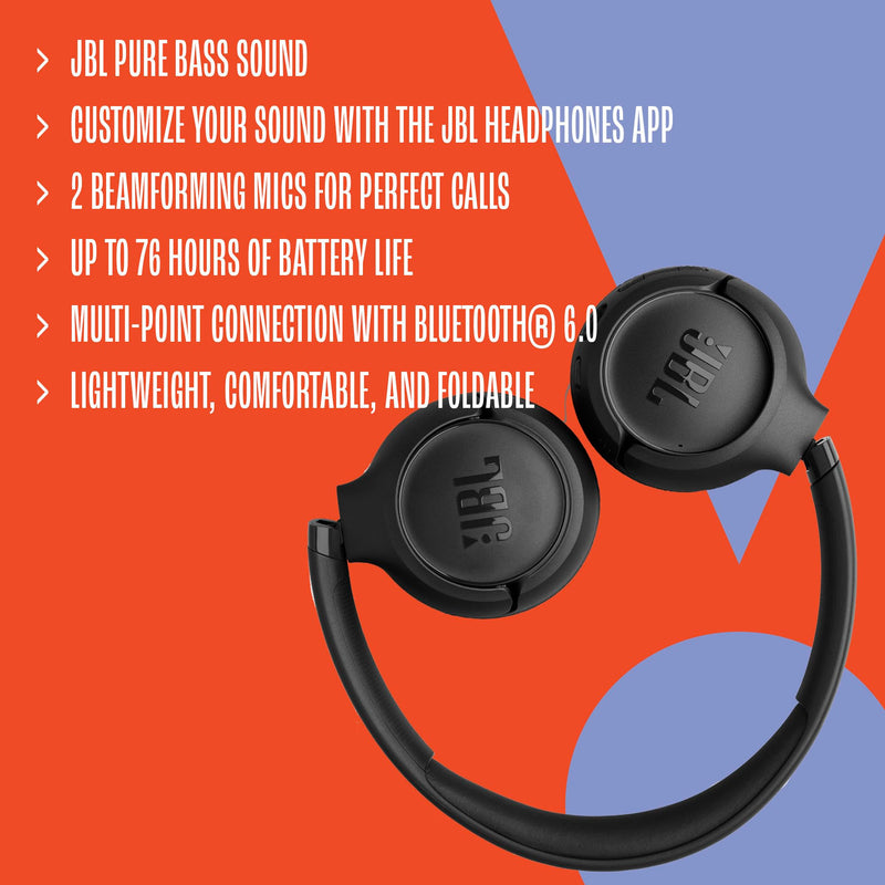 JBL Tune 530BT - On-Ear Bluetooth Headphones - Black | JBL Pure Bass Sound, Customize your sound with the JBL Headphones App, 2 beamforming mics for perfect calls