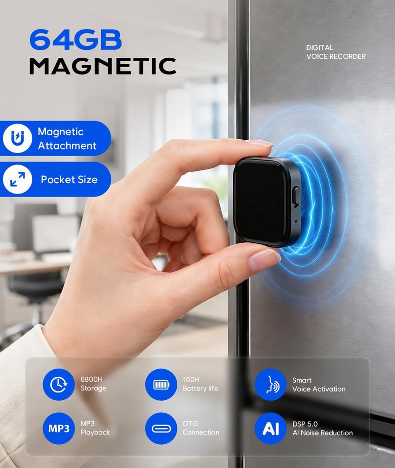 64GB (6800Hours) Magnetic Voice Activated Recorder with DSP AI Noise Reduction, Digital Voice Recorder with OTG File Transfer & Playback, Audio Recorder Portable for Lectures, Meetings & Interviews Black