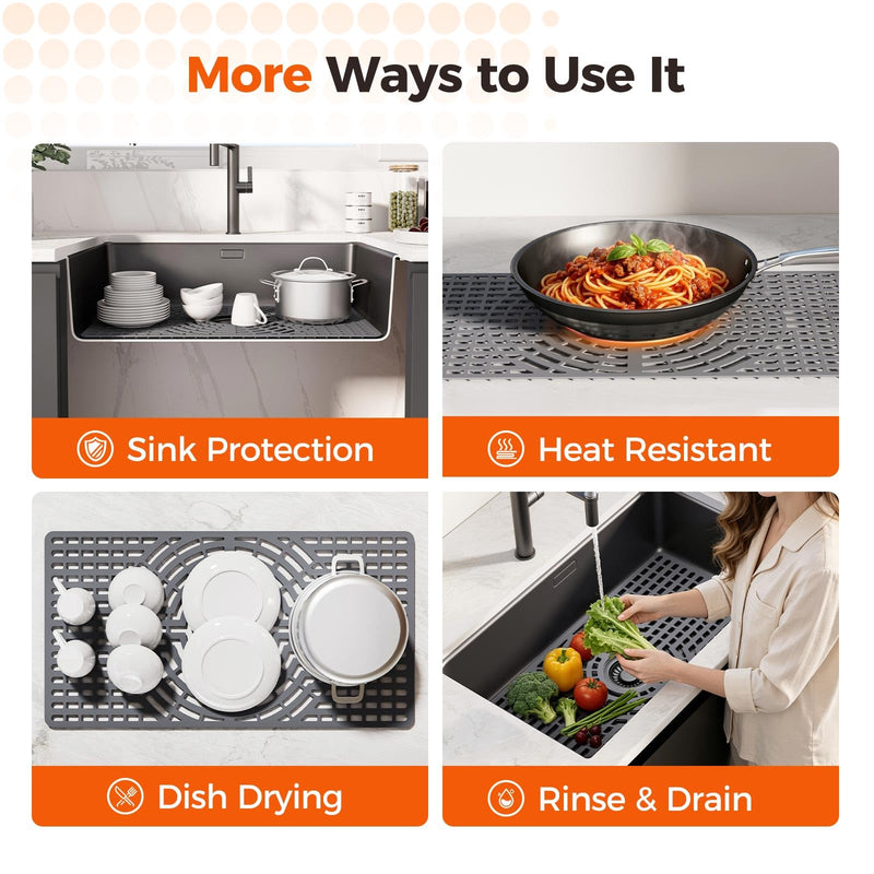 Snuggery Silicone Sink Protector 28"x15" Center Drain Hole, Heat Resistant Non-slip Dishwasher Suitable, Large Mat for Bottom of Farmhouse Kitchen Stainless Steel Sink(Grey) 28x15 center
