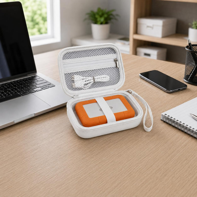 Hard Drive Case for LaCie Rugged Mini USB-C 1TB-5TB,Cable Storage White | Secure Elastic Hold-down,Divided Cable Storage and Wrist Strap for Photographers,Creators,Office and Travel,Case Only