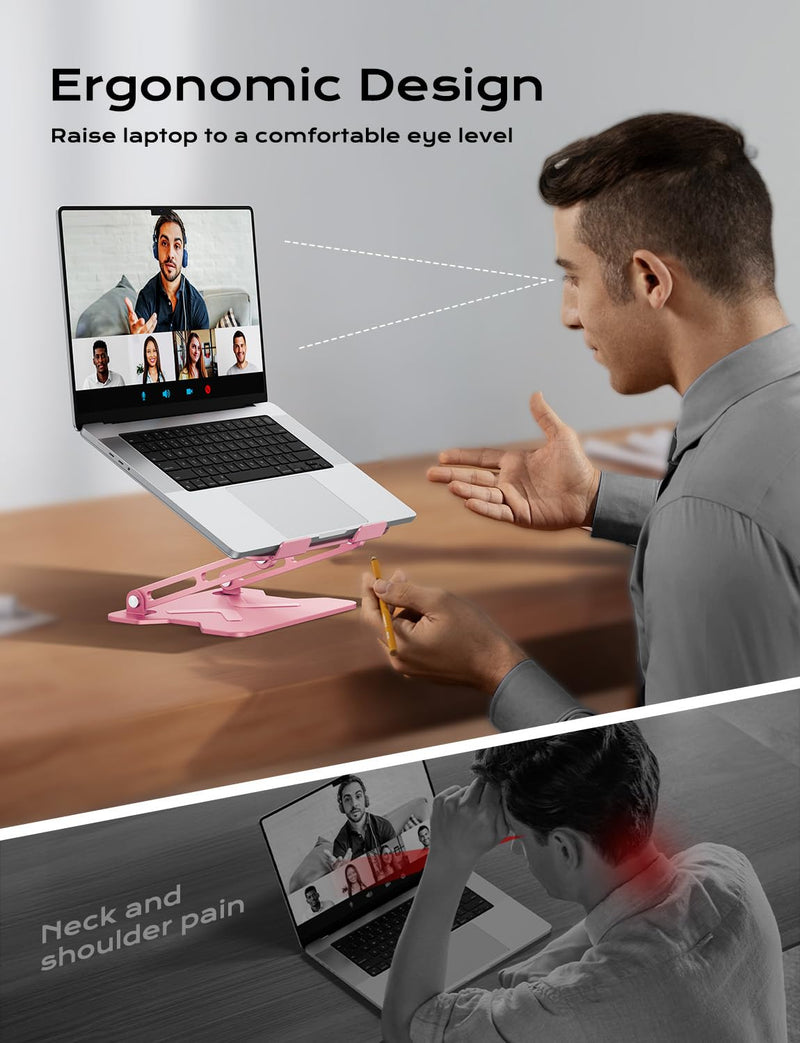 Adjustable Laptop Stand for Desk, Metal Foldable Laptop Riser, Portable Laptop Holder Mount, Ventilated Cooling Computer Notebook Stand for MacBook Air Pro, All 10-16'' Notebooks Laptops, Pink