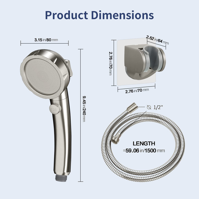 HANLIAN High Pressure Shower Head with Pause Button, 3 Spray Modes Shower Head for RV Camper, Water Saving On Off Shower, Handheld Shower Head with Hose and Self-adhesive Holder (Brushed Nickel) Brushed Nickel
