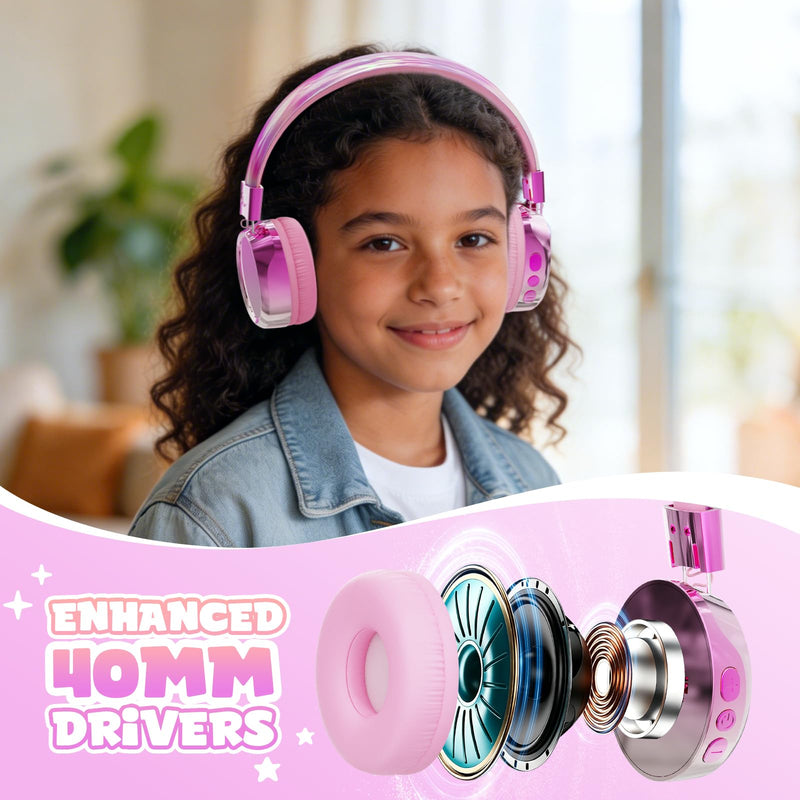Owliwise Kids Bluetooth Headphones, 74/85dB Volume Limited, 60H Playtime, Built-in Mic, Fast Charging, Bluetooth 5.4, Foldable Toddler Wireless Over-Ear with AUX Cord, for iPad/Tablet/Airplane Pink