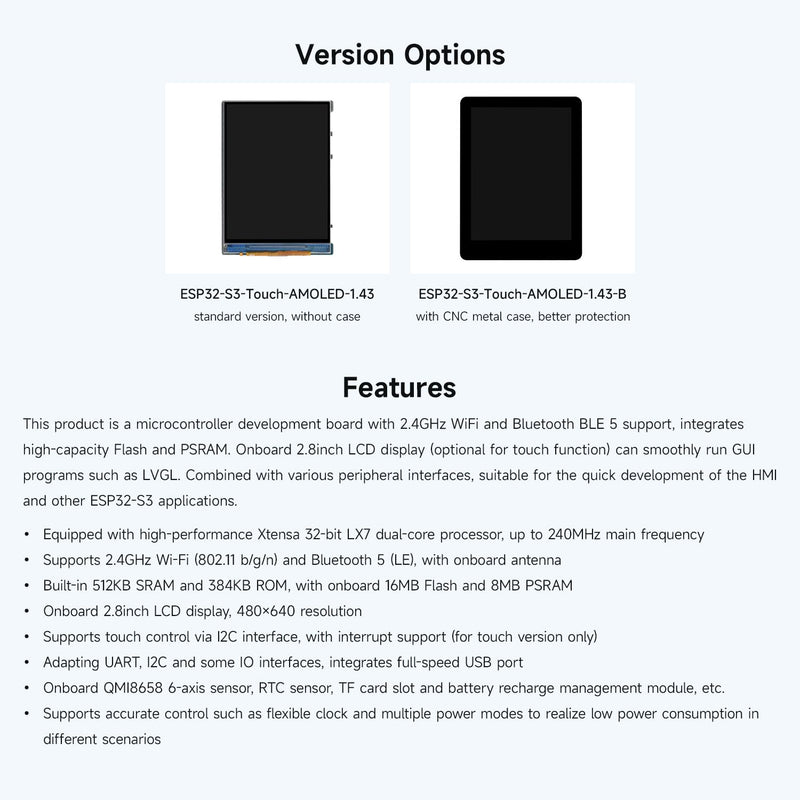 Waveshare ESP32-S3 2.8inch Display Development Board, 480×640, IPS, 32-bit LX7 Dual-core Processor, Up to 240MHz Frequency, Supports Wi-Fi & BLT, ESP32 with Display, Without Touch Function