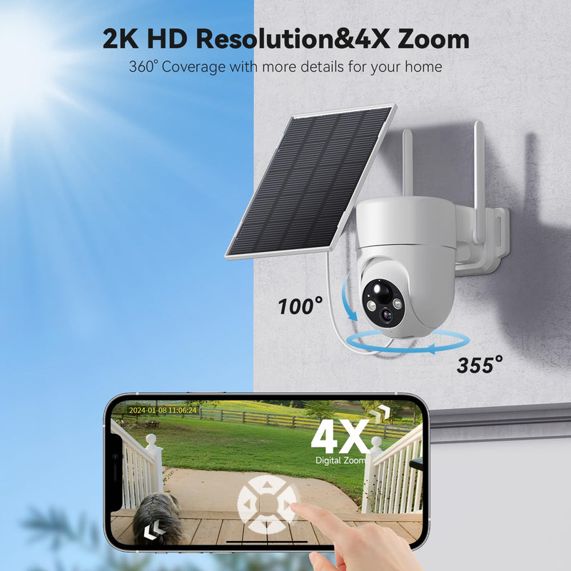 Solar Camera Outdoor Wireless, 2K Color Night Vision, Security Cameras Wireless Outdoor with 360°View, Battery Powered, 2.4GHz WiFi, Instant Alerts, IP65 White 2K-1Pack