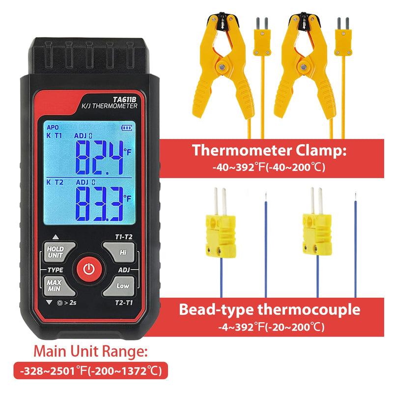Digital K Type Thermocouple Thermometer (-328~2500℉), Dual Channels Thermometer with 2 HVAC Temperature Clamps & 2 Wired Thermocouple Probes, LED Backlight & ADJ Compensation Temperature Meter Tester