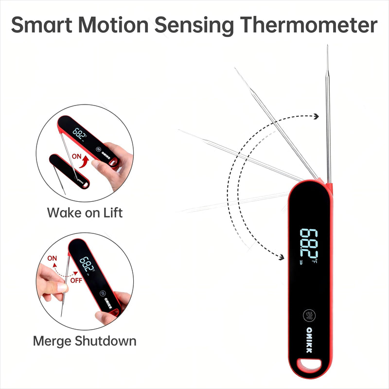 ONIKK Meat Thermometer Digital, 0.6 Sec Instant Read Food Thermometer, ±0.5℉ Accuracy, IPV7 Waterproof, Motion Sensing, for Cooking Grilling, Frying, Steak, Oven, Candy, Outdoor BBQ Accessories Black & Red
