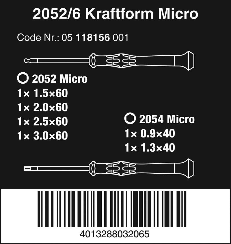 Wera 2052/6 Kraftform Micro Ballhead Hexagon Electronics Screwdriver Set and Rack, 6-Piece Ball-End: 1.5x60mm, 2x60mm, 2.5x60mm, 3x60mm, 0.9x40mm, 1.3x90mm