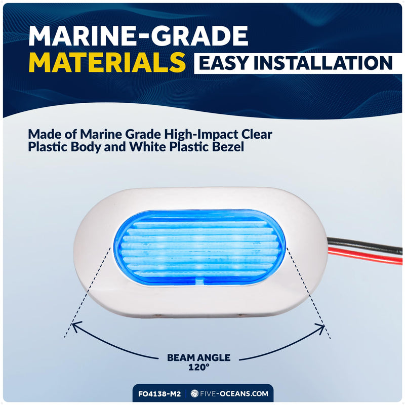 Five Oceans 2-Pack Oblong LED Courtesy Light, Marine Lights for Boat Interior, Deck, Cockpit, Blue LED, IP67 Waterproof, 12V, for Pontoon, Fishing Boat, Yacht, RVs - FO4138-M2