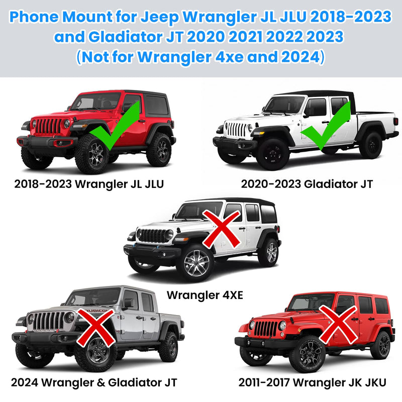 Upgraded Metal Phone Mount for Jeep Wrangler JL JLU 2018-2023 and Gladiator JT 2020 2021 2022 2023 Phone Holder Dash Mount System Kit Dashboard Accessories Driver Side (Not for 4xe) 18-23 Wrangler JL JLU & Gladiator JT