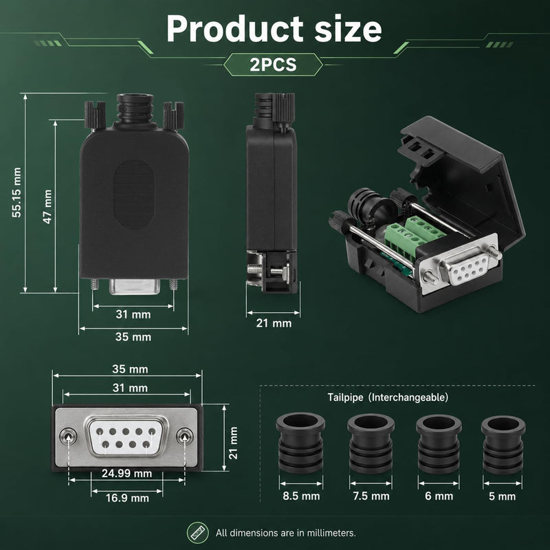 2PCS DB9 Female Breakout Connector, Solderless RS232 Serial Adapter with Screw Terminals, D-SUB 9-Pin Port to Terminal Block Module Board for Serial Devices (Black)
