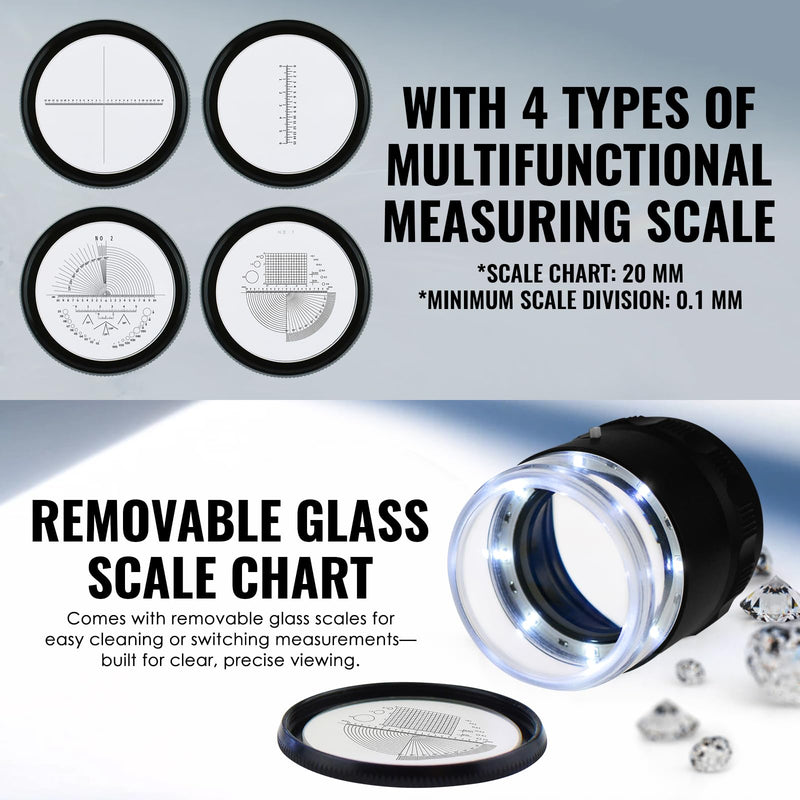 10x Jewelers Loupe, Illuminated Magnifying Glass, Portable Pocket Reading Magnifier with 25mm with LED Focused Eye Loupe Magnifier for Gems,Coins, Interchangeable Reticle Scale (4 Scale Glass) 4 Scale Glass