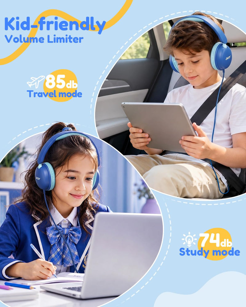 Acer OHW355 Kids Headphones with Cord for School,Over Ear Wired Headphones | 74/85dB Volume Limit, Foldable 3.5mm Jack, Stereo Sound, for Tablet/Computer/Travel/Chromebook-Blue Cyan Blue Cyan