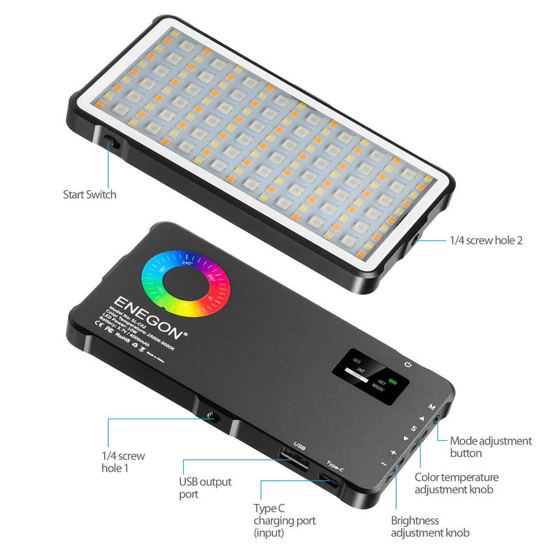 ENEGON RGB Video Light, Built-in 4000mAh Rechargeable Battery LED Camera Light Full Color 24 Common Light Effects, CRI≥95 2500-9000K LED Video Light Panel with Power Bank Function. RGB Photo Fill Light