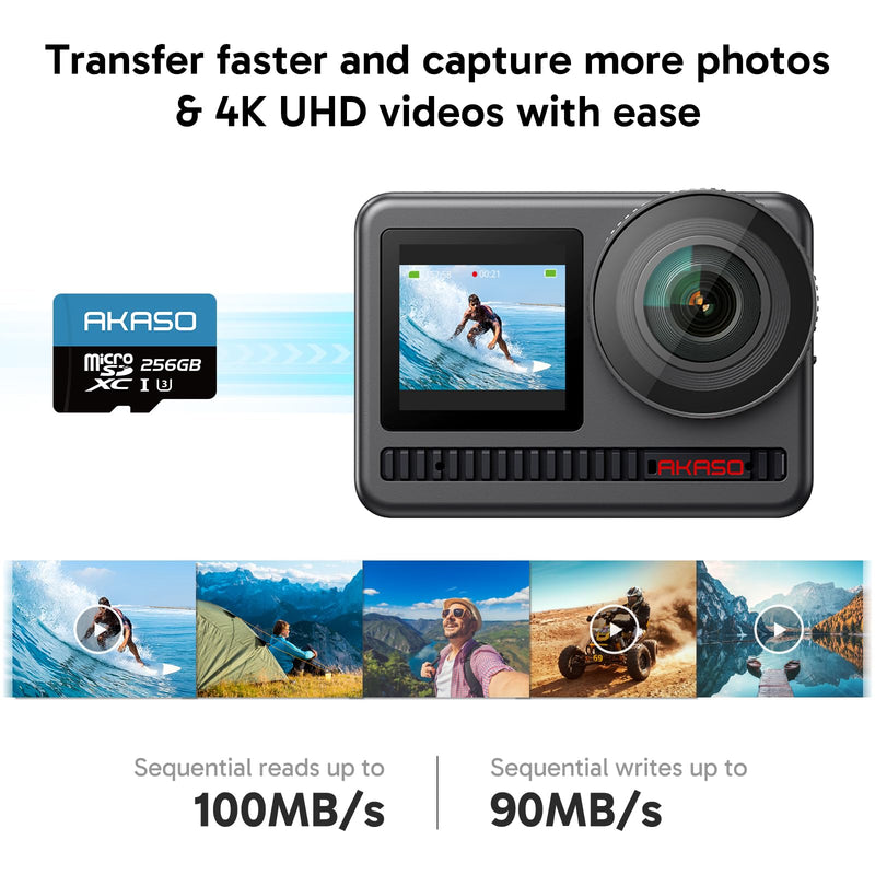 AKASO 256GB microSDXC U3 Memory Card - Up to 100MB/s, UHS-I C10, U3, Full HD, 4K UHD, MicroSD Card