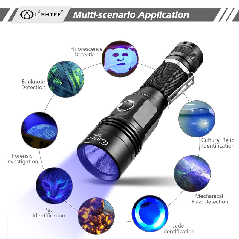 LIGHTFE Black Light M3D-365nm UV Flashlight USB Charging Port LED Handheld Torch High Power Power Output for UV Glue Curing, Pet Urine Detection, AC Leak Detection