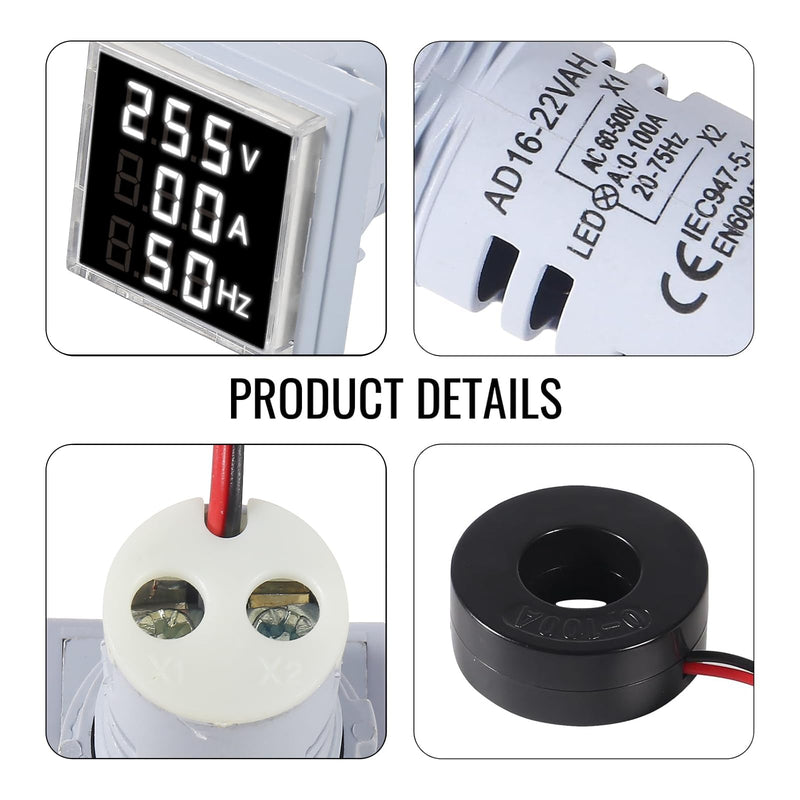 3pcs 3 in 1 60-500V 0-100A AC Digital Ammeter Voltmeter, 22mm Square Digital Tube Screen with Transformer, LED Display Voltage Detector Current Tester Gauge(White) White 3 in 1 Square