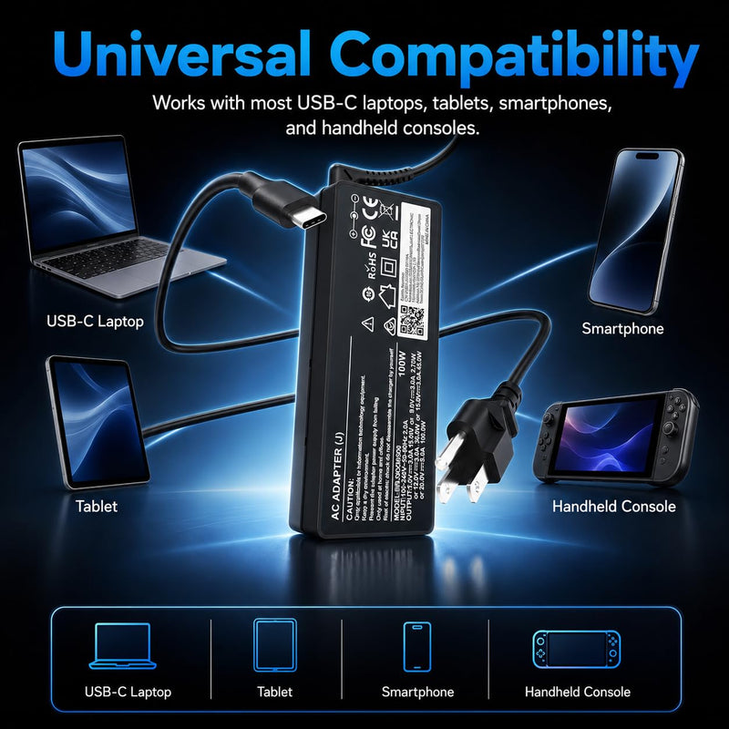 100W USB C Laptop Charger Universal Type-C Fast Charging Adapter for Compact Travel Power Supply Compatible with MacBook Dell HP Lenovo ThinkPad Acer Asus MSI iPad iPhone Samsung Switch Black-2