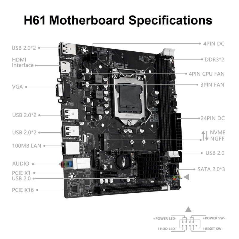 LGA 1155 Motherboard H61 for Intel 2th/3th Core i7/i5/i3 DDR3 | NVME/NGFF M.2, PCIe X16, 100M LAN, VGA, HDMI-Compatible PC Gaming Mainboard