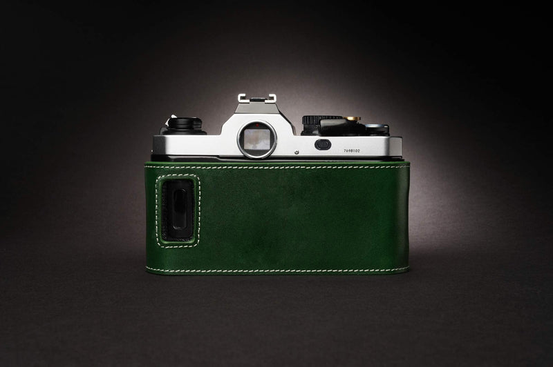 FM3A Case, BolinUS Handmade Genuine Real Leather Half Camera Case Bag Cover for Nikon FM3A Camera with Hand Strap (Green) Green