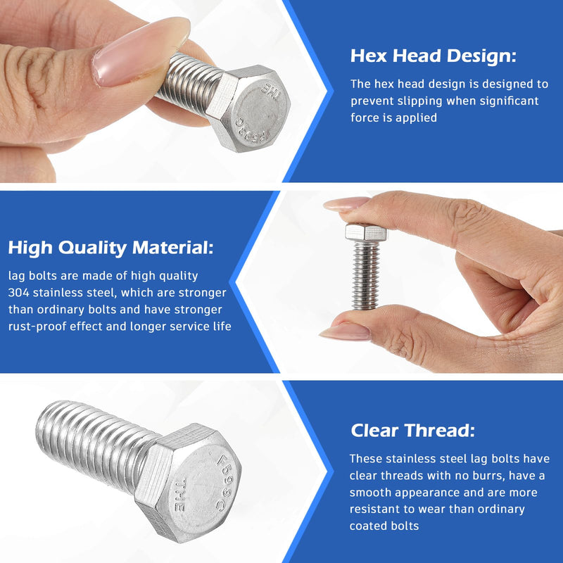 Zonon 50 Pcs 3/8-16 x 3/4" Hex Head Screw Bolt 18-8 (304) Stainless Steel Hexagon Bolts, Fully Threaded, Plain Finish, External Hex Drive (Silver) 3/8-16 X 3/4" Silver