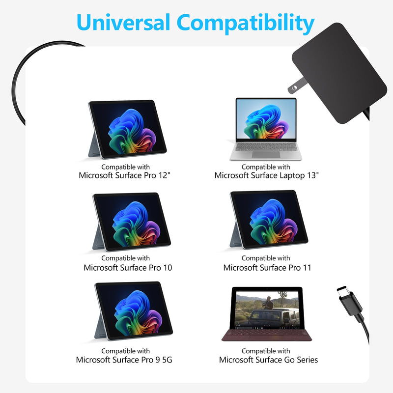 45W USB-C Surface Pro Charger Compatible with Microsoft Surface Pro | Compatible with Microsoft Surface Pro 12", Surface Laptop 13" Snapdragon X Plus, Surface Pro 10, 6.6 FT Wall Power Adapter