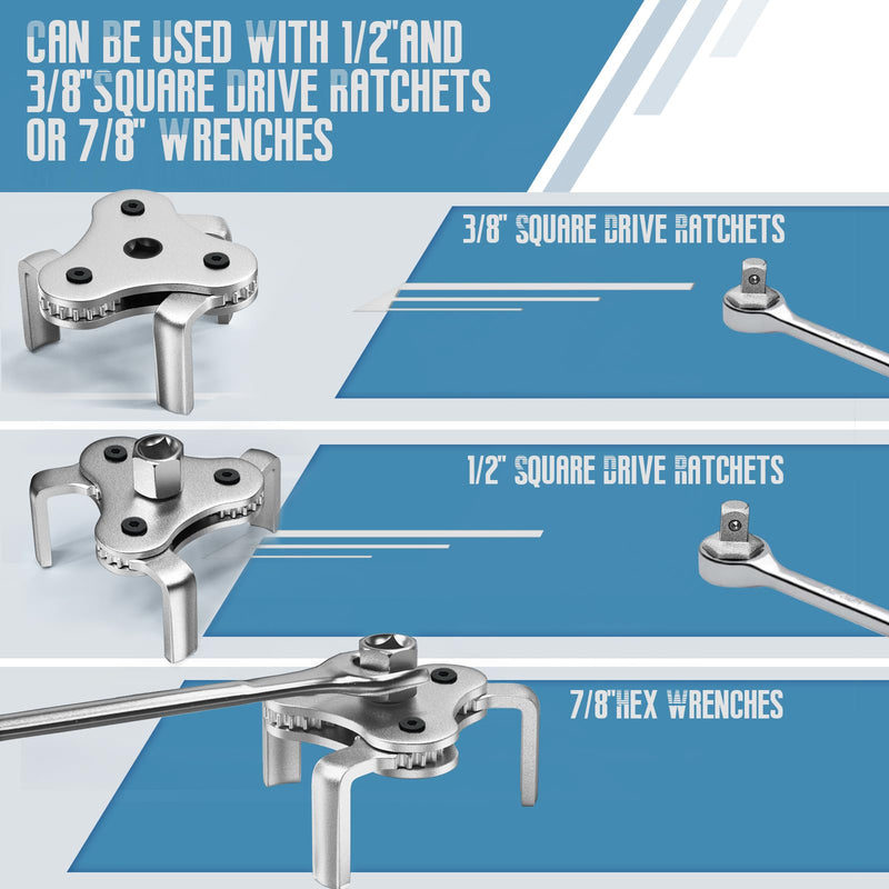 Universal Oil Filter Wrench Adjustable, from 2-1/2 inch to 4.5 inch 3 Jaw Oil Filter Removal Tool Set, Efficiency 2 Way Oil Filter Wrench Silver