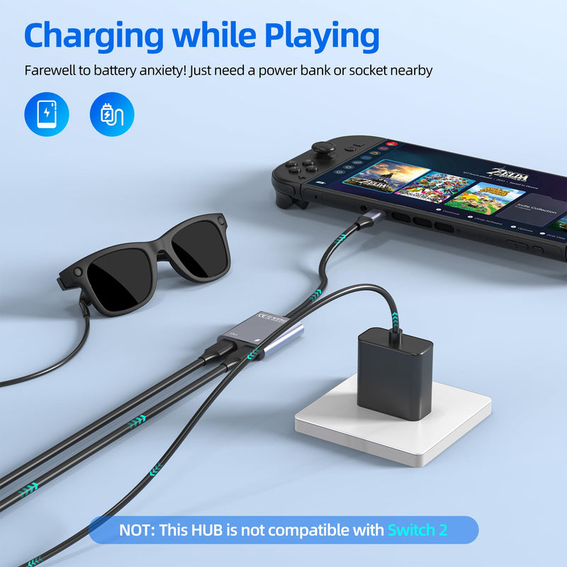 USB C to Glasses Charging Adapter, 100W PD Charge & Play for AR Glasses, 4K@60Hz Video Output for XREAL/Viture/Rokid/RayNeo, Steam Deck, ROG Ally, Switch (Not Switch 2), PS5, Xbox, Mac, Laptops