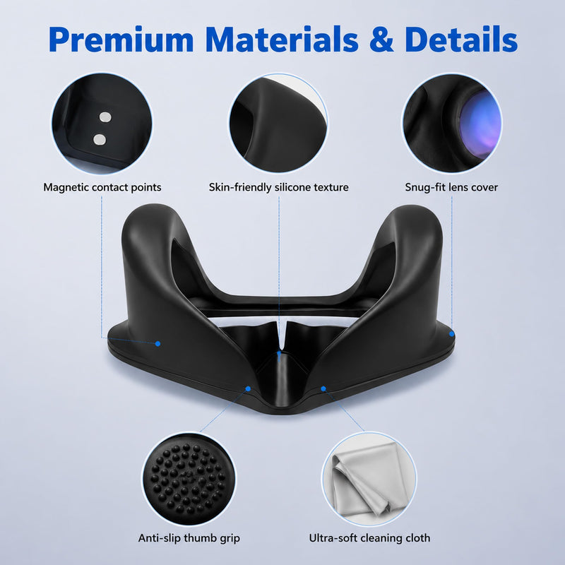 Quest Pro Light Blocker Silicone Facial Interface | Full Light Blocking(VR Accessories Kit with Lens Protective Cover, Thumbstick Caps, Cleaning Cloths)
