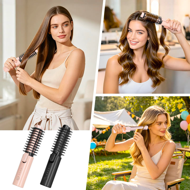 Cordless Curling Iron Brush, 3-in-1 Portable Travel Hair Curler & Straightener Wand, 7000mAh USB Rechargeable, 4 Heat Settings Anti-Scald Ionic Mini Hot Brush for Styling, Smoothing (Pink) Pink