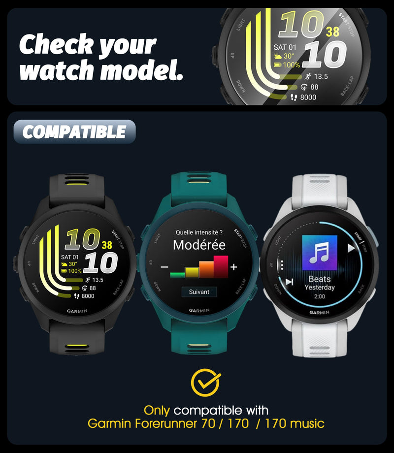Orzero (3+3 Pack) Watch Case for Garmin Forerunner 70/170/170 Music, PC Frame Face Cover Built-in Tempered Glass Screen Protector & Silicone Dust Plugs, Scratch Resistant Shock Absorbing - Black Garmin Forerunner 170