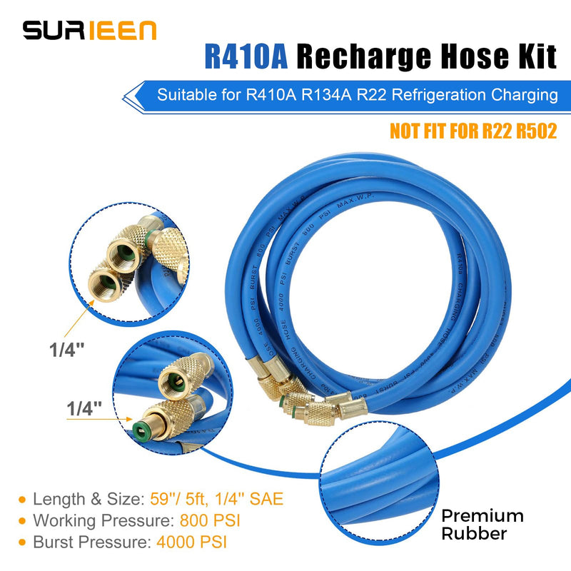 SURIEN R410A Recharge Kit AC Charging Hose, R410A R134A R22 Manifold Gauge Hose Set for Air Condition Refrigeration Charging, with R410a Adapter 1/4" SAE to 1/2" & 5/16'' for Mini Split System