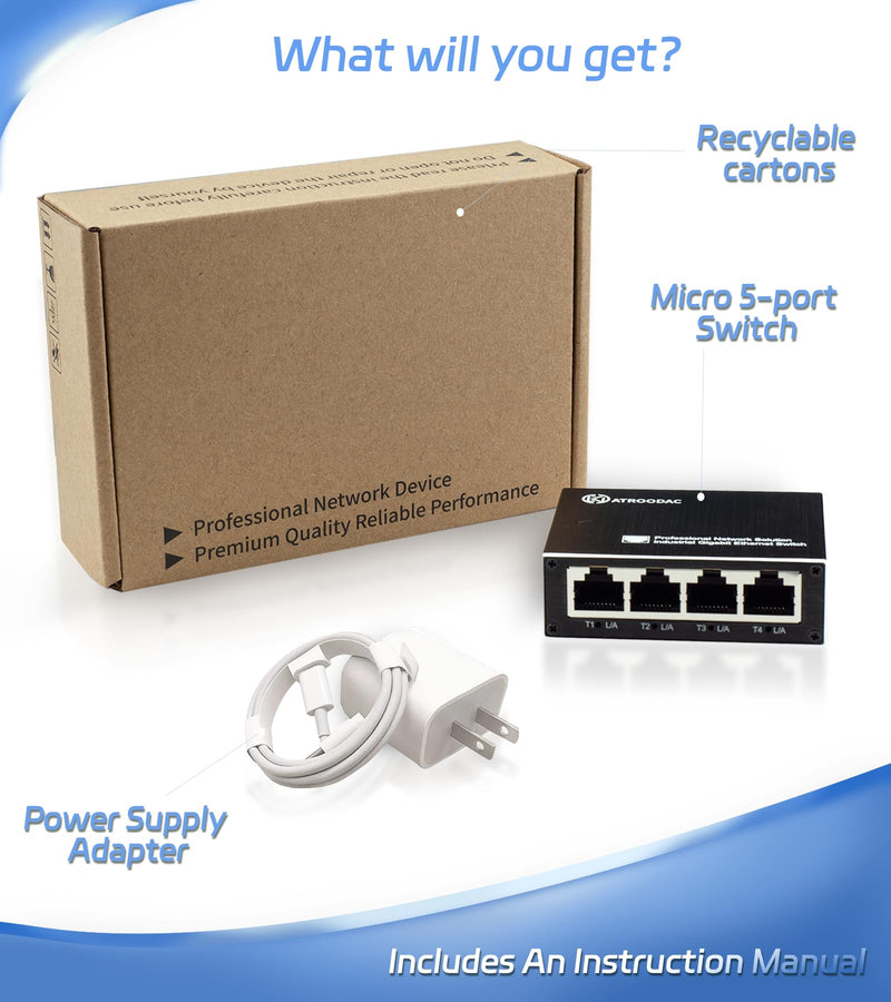 Mini Ethernet Switch 5 Ports Gigabit Enhanced Protection 10/100/1000 Mbps Unmanaged Network Switch Plug & Play Office Ethernet Splitter Fanless Silent Metal Case Network Hub Desktop Design 5-Ports, Protection Enhanced(non poe)