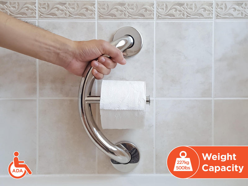 HEALTHCRAFT Plus 2-in-1 Toilet Paper Holder and Grab Bar (14 Inch) | ADA Compliant Safety Grab Bar for Seniors, Wall-Mounted, Supports Up to 500 lbs in Polished Chrome
