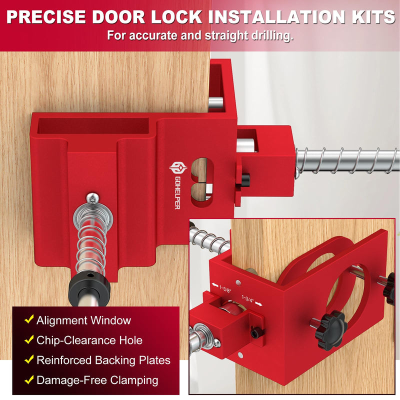 Door Lock Installation Kit for 1-3/8" and 1-3/4" Wooden Doors with Guide Template, Aluminum Alloy Door Hole Drilling Kit, Door Lock Jig Clamp Design Fits 2-3/8" and 2-3/4" Backsets, Drill Bit Included