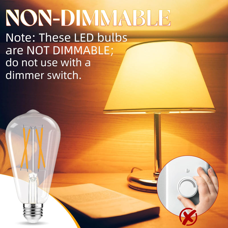 GvvooHome Edison Bulbs 60 watt LED Equivalent, Vintage Light Bulbs Non-Dimmable, 2700K Warm White, ST58 E26 LED Bulb, 90+ CRI, 6W 600LM, E26 Medium Base, Clear Glass, 12 Pack