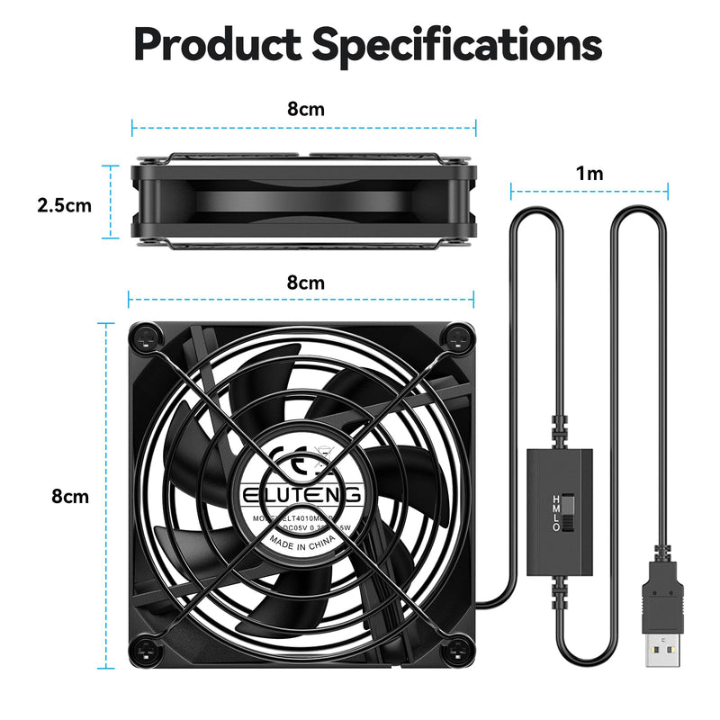 ELUTENG 80mm USB Mini Fan | Hydraulic Metal Grill, Quiet 3 Speed Controller, 4 Rubber Feet, For Router, Receiver, TV Box, DVR, Xbox, PS6, PS5, Cabinet