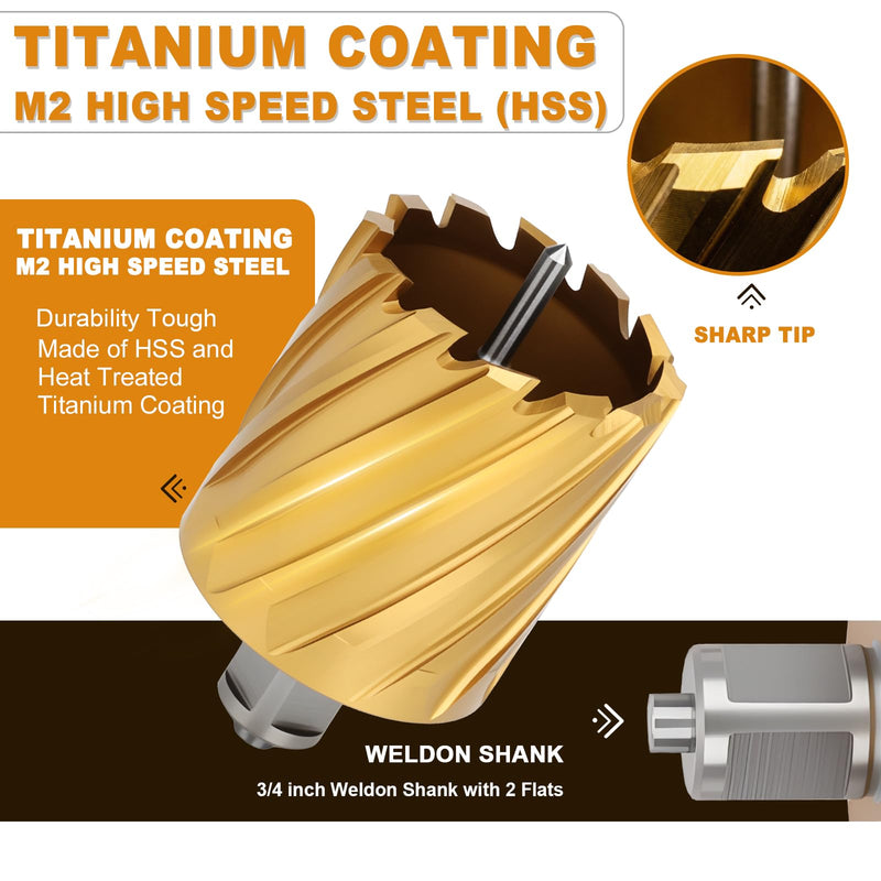 1-1/4"x2 HSS Annular Cutter，Titanium Coating，Weldon Shank，Diameter 1-1/4"，Cutting Depth 2" 1-1/4x2"