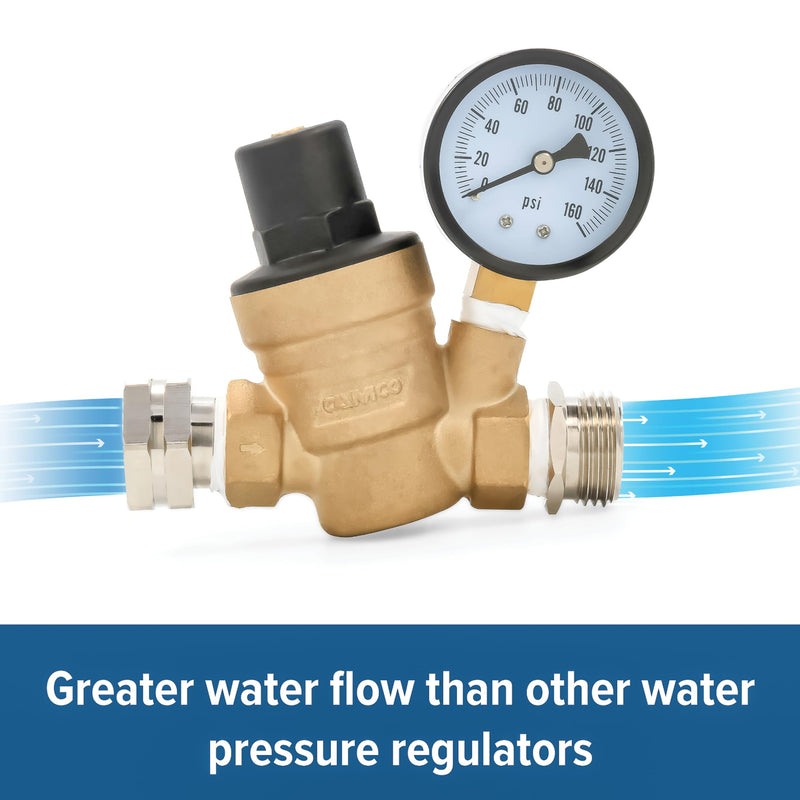 Camco Adjustable RV/Marine Brass Water Pressure Regulator | Help Stop Damage to RV/Marine Appliances, Plumbing Fixtures, and Hoses | Features Standard Garden Hose Threads for Simple Hookup | (40058)