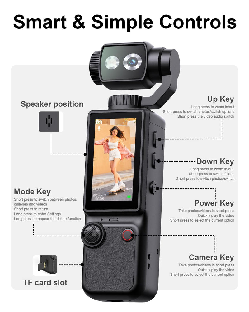 4K Vlogging Camera with 180°Rotating Lens, Portable Handheld Video Camera | 16X Zoom Pocket Digital Camcorder with Clear Mic, 2.0’’ Screen,32GB Card,Tripod,2000mAh Battery for Travel&Youtube Tiktok