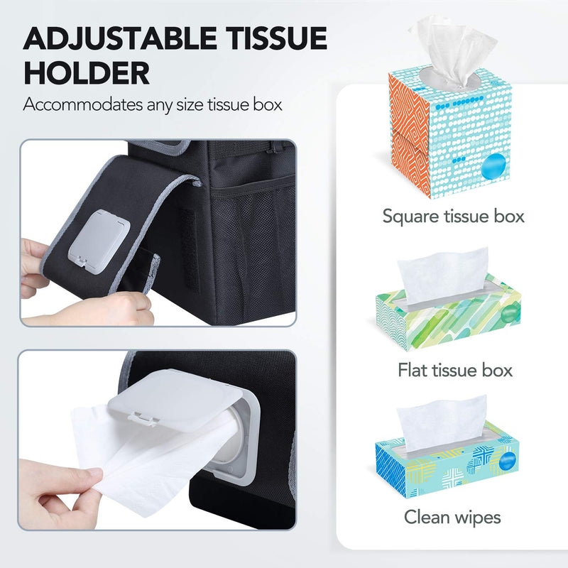 Farasla All-in-One Car Trash Can, Garbage Bag for Car with Removable Leakproof Interior Liner, Adjustable Tissue Holder & Straps(Black) Black-deluxe