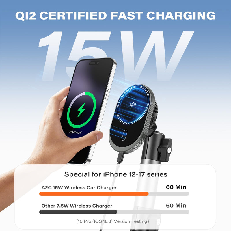A2C for Magsafe Car Mount Charger, QI2 15W Wireless Fast Charging Cup Holder Phone Charger - Dual Cooling System, Aluminum Alloy Tri-Pivot Arm, 18 N54 Strong Magnets for iPhone 17/16/15/14/13/12 Only
